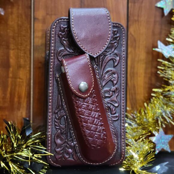 Western Leather Phone Holstor With Knife Sheath & Belt Clip LG Floral Basketweav